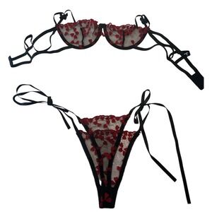 Red Heart Lingerie Set Sheer Mesh‎ Bra and Panty Tie Side Valentine's Day Medium